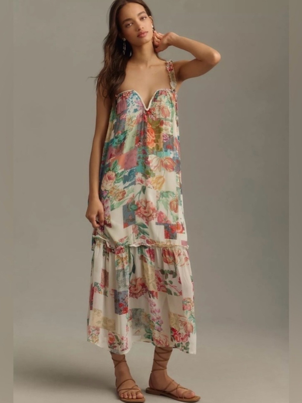 Anthropologie Floral Patchwork Maxi Slip Dress - White Multi